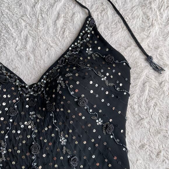 Sue Wong beaded sequin rosette halter silk prom dress fairy cocktail Nocturne 4 - Picture 6 of 14